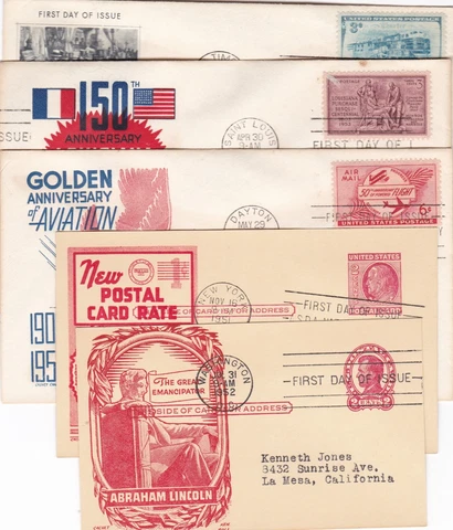5 1951-1953 US FDCs  Postal Cards, Air Mail, B&O Railroad, Louisiana Purchase Cover
