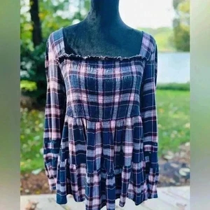 Torrid Women’s Plus Navy Plaid Smocking tiered Crochet size 1 Boho Festival - Picture 1 of 9