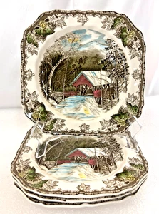 Johnson Bros Friendly Village 7.75” Square Salad Plates Covered Bridge Set of 4 - Picture 1 of 7