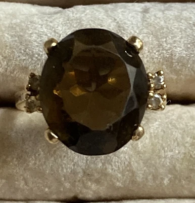 VTG 14k Yellow Gold Ring Smoky Topaz - 12x15mm - with 4 diamonds Sz 7   MINT - Image 1 of 4