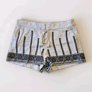 LOFT Size 12 Womens 100% Linen Tan Black Embroidered Shorts Boho Tassels Pockets - Picture 1 of 5