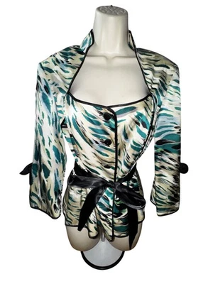 Blazer Chaqueta Blazer Cache Luxe Estampado Animal Seda Negro Lazo Talla 12 Pinup Retro Foto 1 de 4