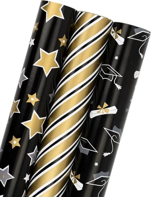 Papel de envolver regalo de graduación MAYPLUSS 3 unidades (paquete de 1), negro y dorado  Foto 1 de 4