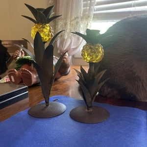 Set of 2 Metal Yellow Glass pineapple candle holders - Picture 1 of 24