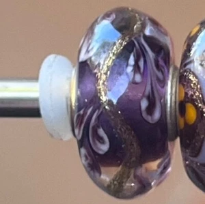 Trollbeads Inspired Iris Purple Unique Glitter Glass Bead Charm Flower Gold - Bild 1 von 2