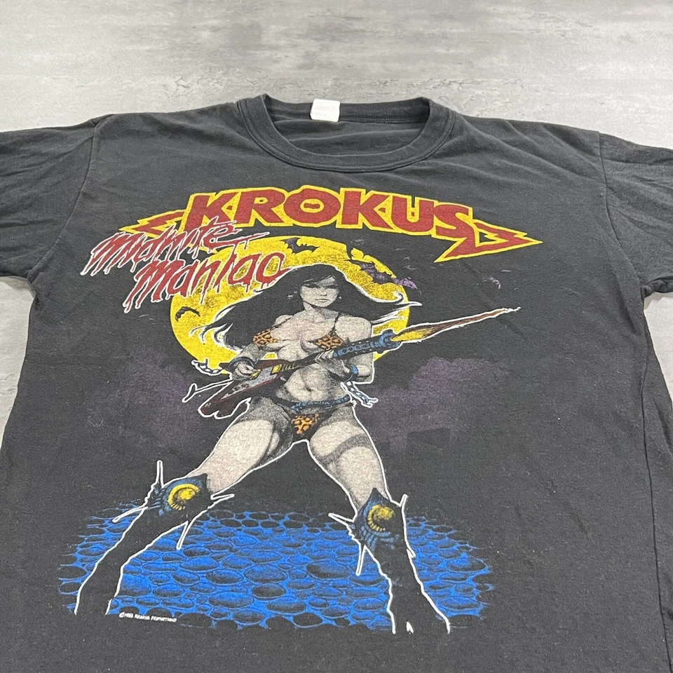 True Vintage 80s Krokus Shirt Adult S Crop Black Pinup Faded Single Stitch Band - Image 1 of 4