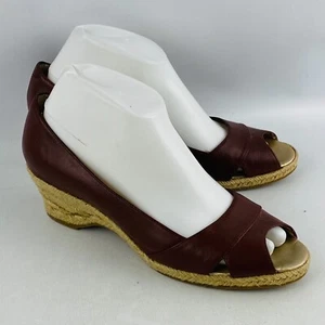 Womens 8 Dockers Ganya Wedge Sandals Brown Leather Peep Toe Slip On Shoes - Picture 1 of 9