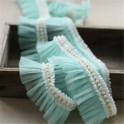 DIY Lace Beaded Ruffle Pleated Mesh Edging Faux Pearl Bead Trimming Frill Decor - Image 1 of 4