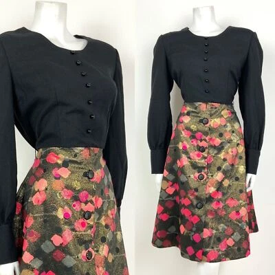 VTG 60s 70s BLACK RED PINK GREY FLORAL GOLD GLITTER LUREX DISCO PARTY DRESS 14 - Image 1 of 4
