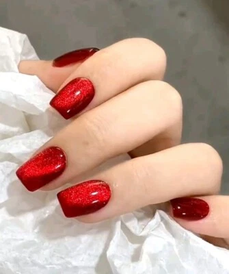 S220 - 24 Cherry Red Cats Eye Glitter Shimmer False Fake Nails Stick Press On
