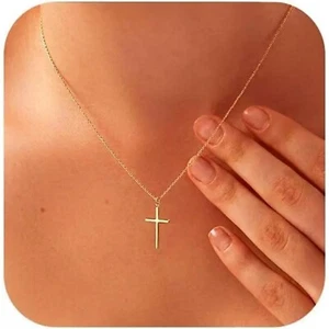 14K Gold Cross Necklace Chain for Women Dainty Minimalist Simple Cross Pendant - Picture 1 of 6