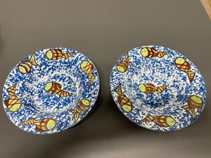 Blau Schwammgeschirr Handbemalung Fisch Keramik signiert edel 2er Set - Bild 1 von 7