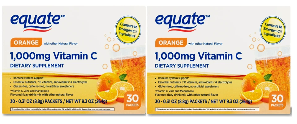 Equate Vitamin C Orange Powdered Immune Support 1000mg 30 Packets Exp 07/2026