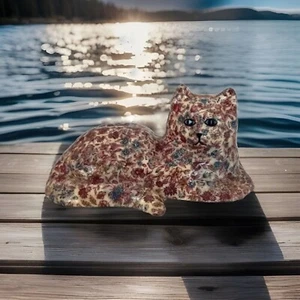 VTG Decoupage Ceramic Cat Figurine Pink and Blue Floral Cottagecore - Picture 1 of 6