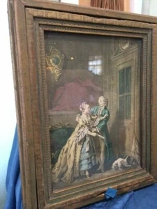 VICTORIAN Jewelry Box Wood w Glass Framed Print lift Lid Mirrored Couple w dog - Picture 1 of 12