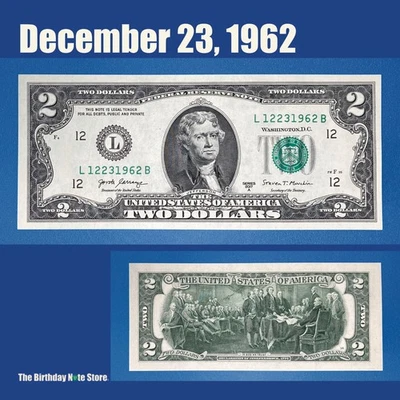 December 23, 1962 Birthday Anniversary $2 Two Dollar Bill Serial Number 12231962 - Image 1 of 2