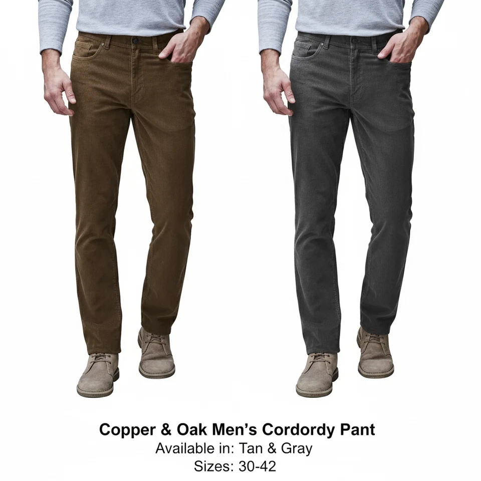 Copper & Oak Men's Corduroy Pant Stretch Midweight Tan Gray Colors 32 - 42 Sizes - Image 1 of 1