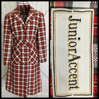 60's Vintage Junior Accent Red White Black Plaid Mod Jacket Skirt Suit Set - Image 1 of 4