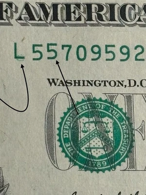 2021 Unc. S.F. $1 Bill Stuck Digit High 55 Gas Pump Error & Green Inkwell Spill  - Image 1 of 3