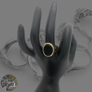 Gold Tone Metal Boho Black Oval Faux Stone Cocktail Statement Fashion Ring Sz 9 - Picture 1 of 7