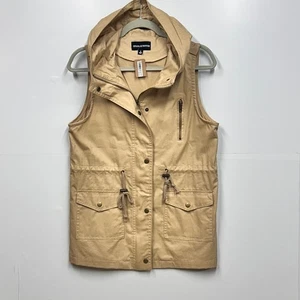 Zenana Outfitters Egg Shell Tan Hooded Vest Utility Drawstring Pockets Womens - Picture 1 of 12