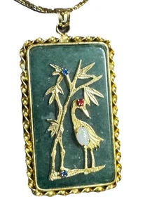 Lab Ruby And Opal Asian Gold Plate Pendant Crane Heron  Double Sided 14k Gf - Picture 1 of 5