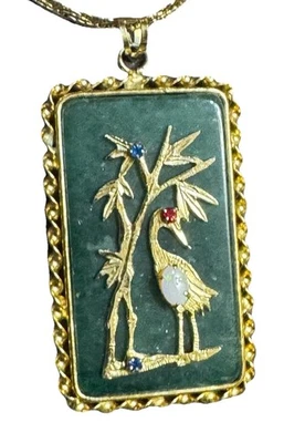 Lab Ruby And Opal Asian Gold Plate Pendant Crane Heron  Double Sided 14k Gf - Image 1 of 4