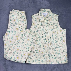 VTG Vest Women Small 4 Pants Set Denim Yellow Sun Flower Artsy Park 90s Nature - Picture 1 of 19
