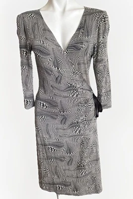 Y2K Express истинный надежном психоделический печать платье размер M черный желтовато-коричневый 3/4 рукав растяжка - Изображение 1 из 4