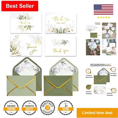 100 Pack of Gold Thank You Cards with Envelopes - Greenery Design - 5x3.5 Inches - Изображение 1 из 4
