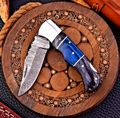 Navaja de Bolsillo Plegable Hoja Damasco Forjada Hecha a Mano Personalizada con Funda de Cuero 2042 Foto 1 de 4