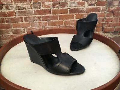 H by Halston Black Leather Open Toe Cut-out Wedge Mule NEW Holly - Image 1 of 3