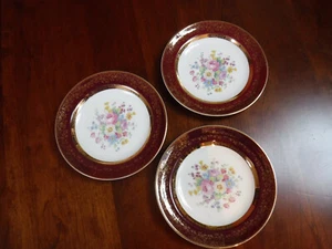Vintage Century By Salem 23 KT Gold Maroon floral middle Dessert Plates Three - Picture 1 of 4
