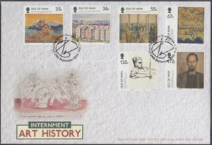 ISLA DE MAN Sc #1395-9 FDC HISTORIA DEL ARTE de los campos de internamiento de la Segunda Guerra Mundial establecidos por NAZIS - Imagen 1 de 1