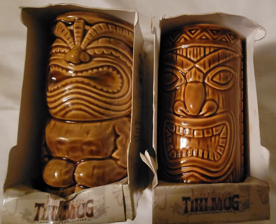 Germaine's Luau Brown Glazed Hawaii Tiki Ceramic Tall Cup Tumbler Mug Vase 2010