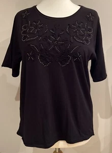 French Connection Esme Ribbon T-shirt Size M L Ladies Black Embellished Top BNWT - Picture 1 of 4