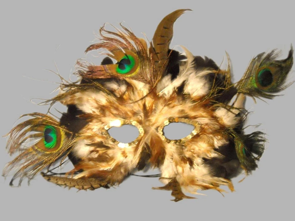 Ostrich and Pheasant Feathers with Gold Sequins Mardi Gras Eye Mask Vintage - Image 1 of 1