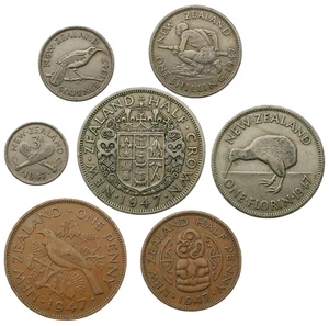NEW ZEALAND SET OF 7 COINS 1/2 PENNY - 1/2 CROWN 1947 ANIMALS - RARE - Picture 1 of 2