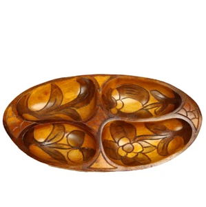 Vintage MCM Floral Hand Carved Divided Serving Display Bowl Relish Tray 13x6.5 - Picture 1 of 22