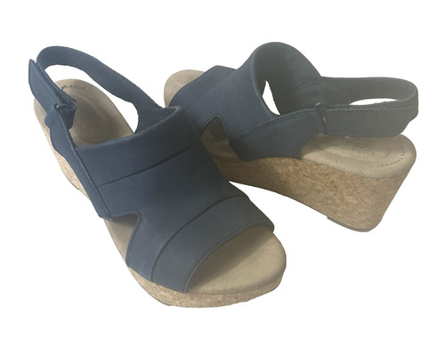 Sandali Clarks Collection blu nabuk sling back punta aperta zeppa donna tg 7 5 W