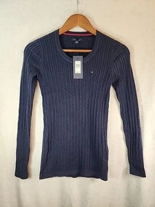Maglione pullover girocollo Tommy Hilfiger donna blu navy maglia cavo XS nuovo - Foto 1 di 4