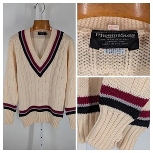 Vtg T.M. Lewin & Sons Cricket Sweater Cream Cable Knit V-Neck Club Striped UK 42 - Picture 1 of 6