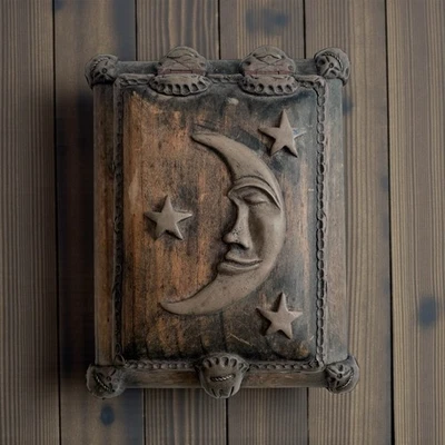 Quality Primitive Brutalist Celestial Moon Wood Carved Box with Metal Details - Image 1 of 4