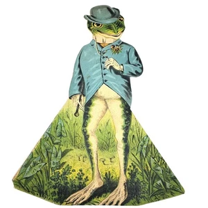 Tarjeta comercial victoriana de rana antropomórfica vintage troquelada publicidad 9,5" - Imagen 1 de 9