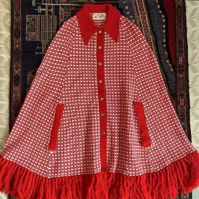 Vintage 1970s Mod Knit Cape Poncho Cardigan Fringe Sweater - Image 1 of 4