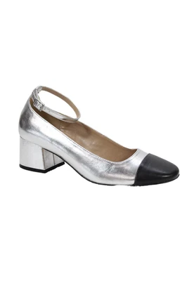 Steve Madden Womens Metallic Cap Toe Ankle Strap Block Heels Pumps Silver Size 8 - Image 1 of 4