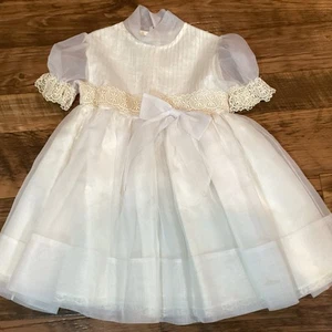 Vtg 60s/70s Sheer Dress Slip SZ 6 Cream Lace Puff Sleeve Button Sash Communion - Picture 1 of 6