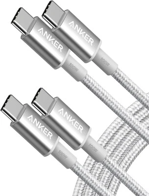 Anker USB-C to USB-C Cable 100W Fast Charging 6ft Nylon Braided (2-Pack) Silver - Image 1 of 4