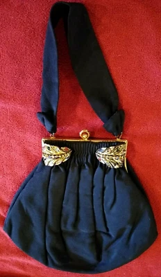 Vintage 1930s Guild Creations Black Fabric Rhinestone Frame Purse/Handbag/Orig. - Image 1 of 4