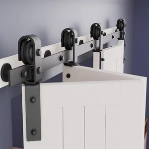 60" Bi-Folding Barn Door Hardware Kit for 4 Doors, Sliding Track J Shape Rollers - Picture 1 of 7